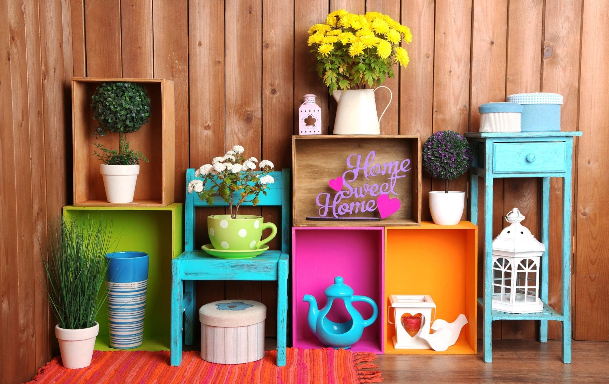 Wooden shelves painted in bright colors hold an assortment of vases and pots, creating a lively and decorative scene.