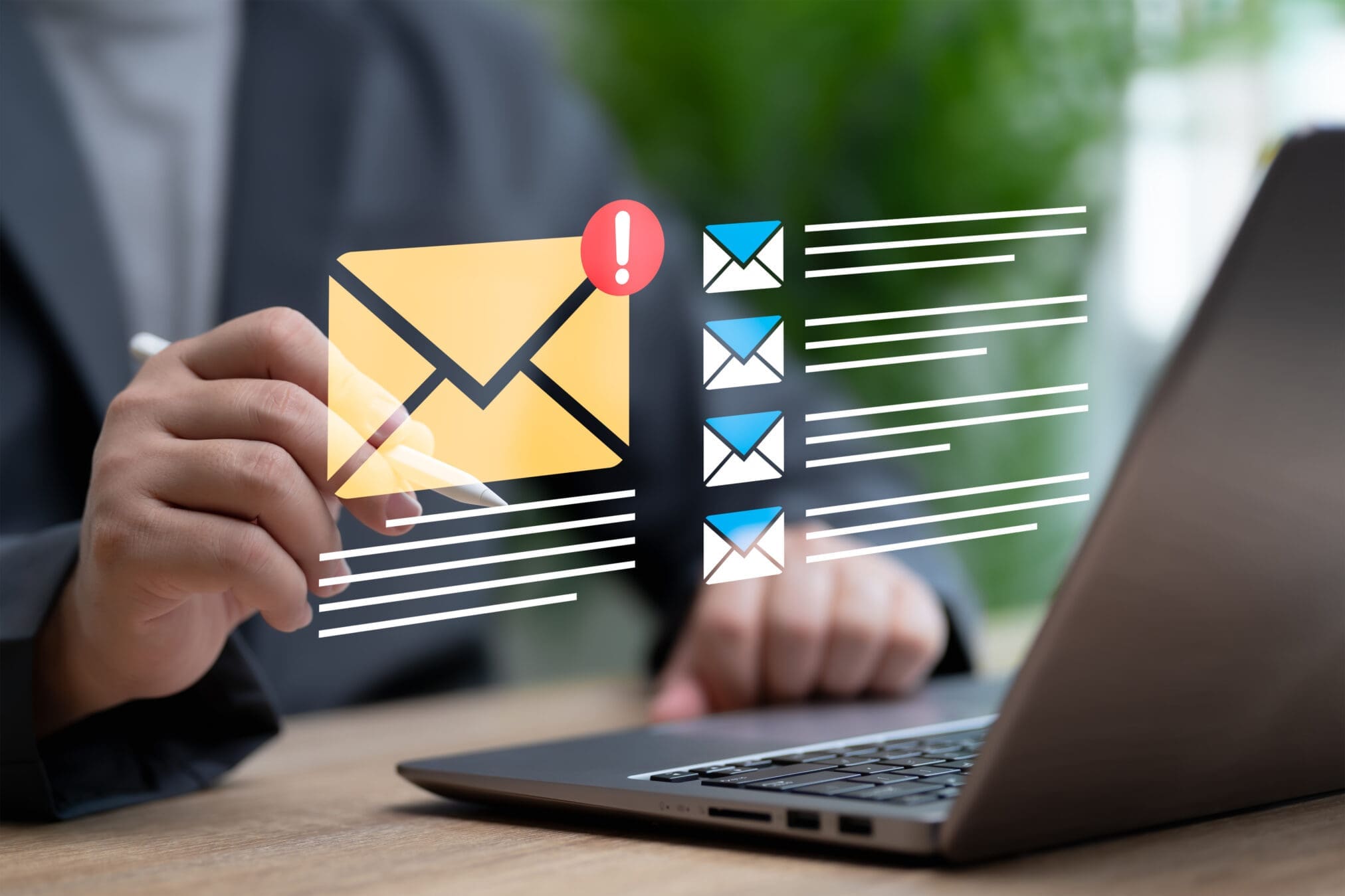 Digital Communication and storing data online, Digital Email send and receive concept, Businessman writes an email online and sends to the customer or uses contact, Invoice, Meeting note, Document