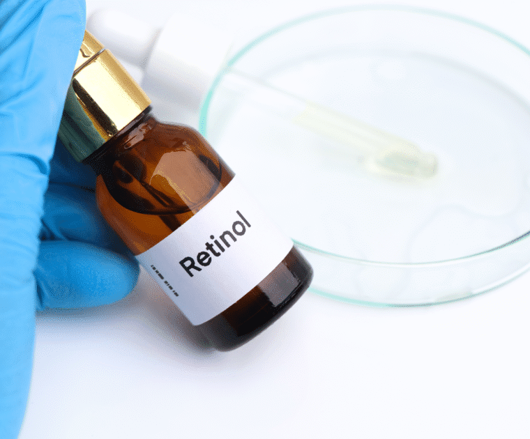 Retinol bottle being tested. Cosmetic Product Testing.