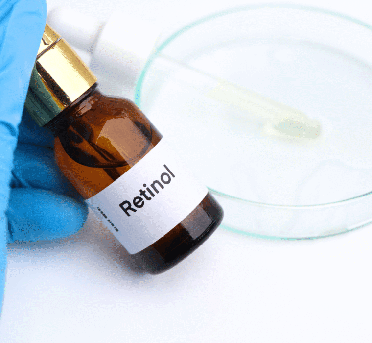 Retinol bottle being tested. Cosmetic Product Testing.