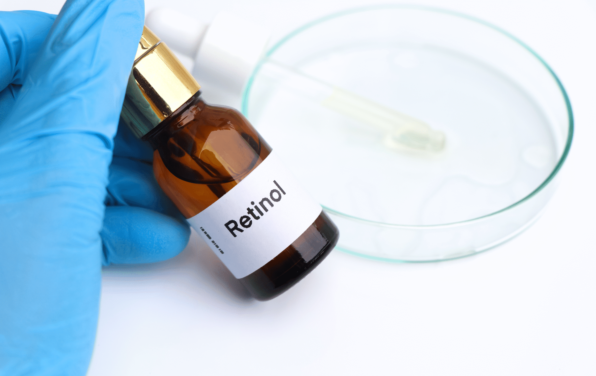 Retinol bottle being tested. Cosmetic Product Testing.
