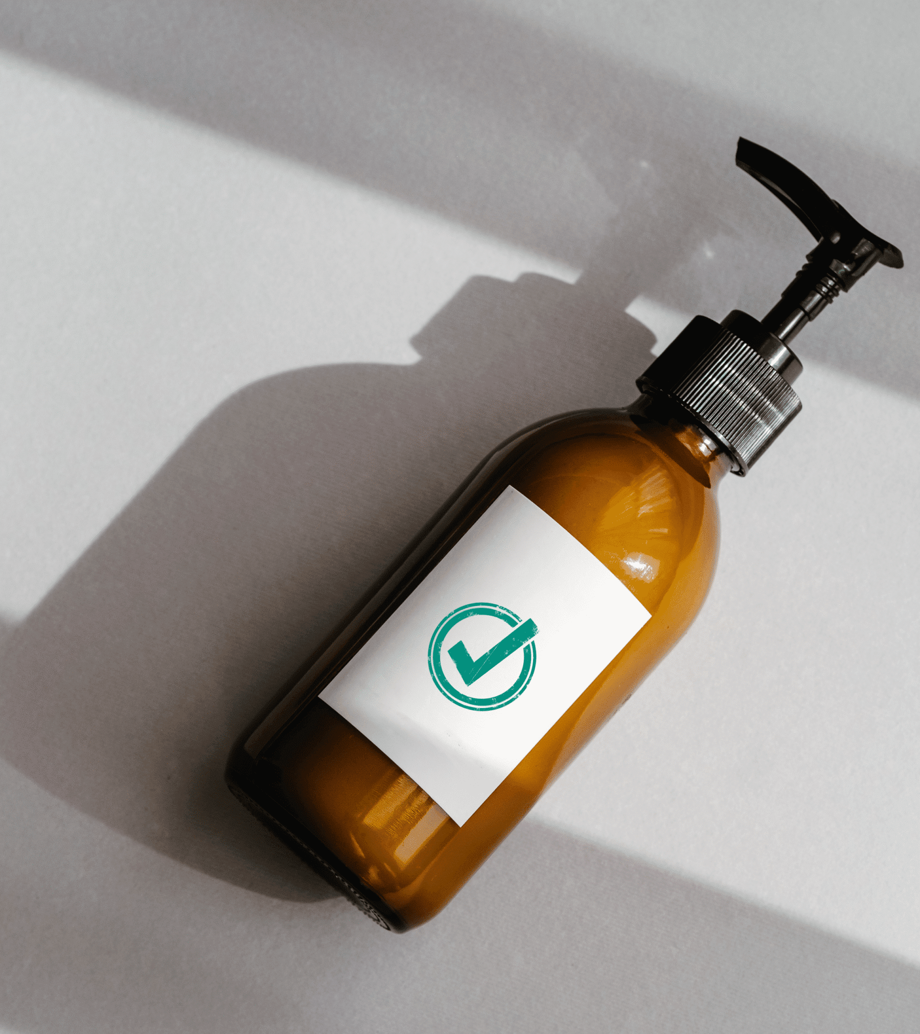 Cosmetic product bottle with a checkmark label symbolizing approval, compliance, or certification