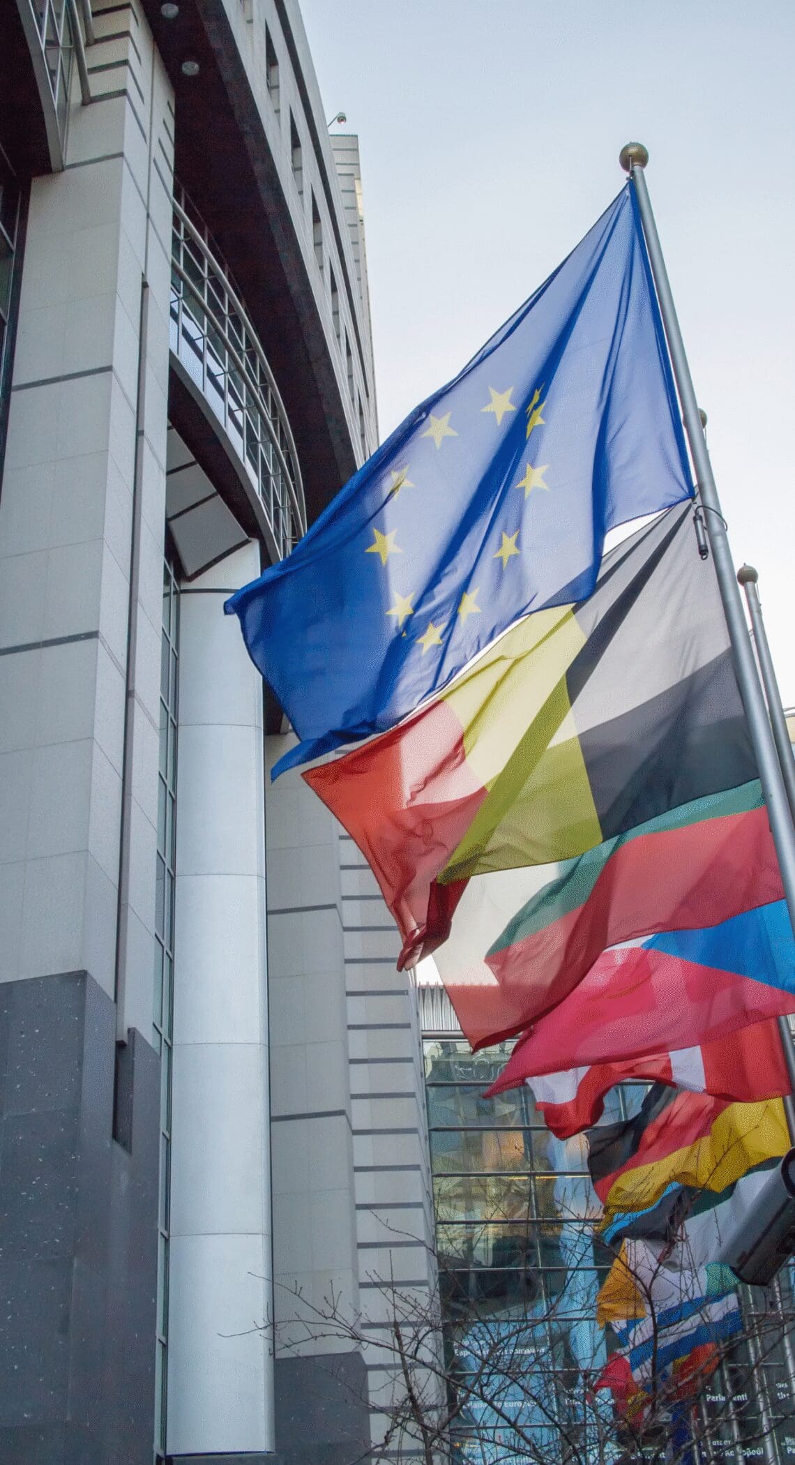 European Union flag and member state flags in front of a modern EU institutional building.
