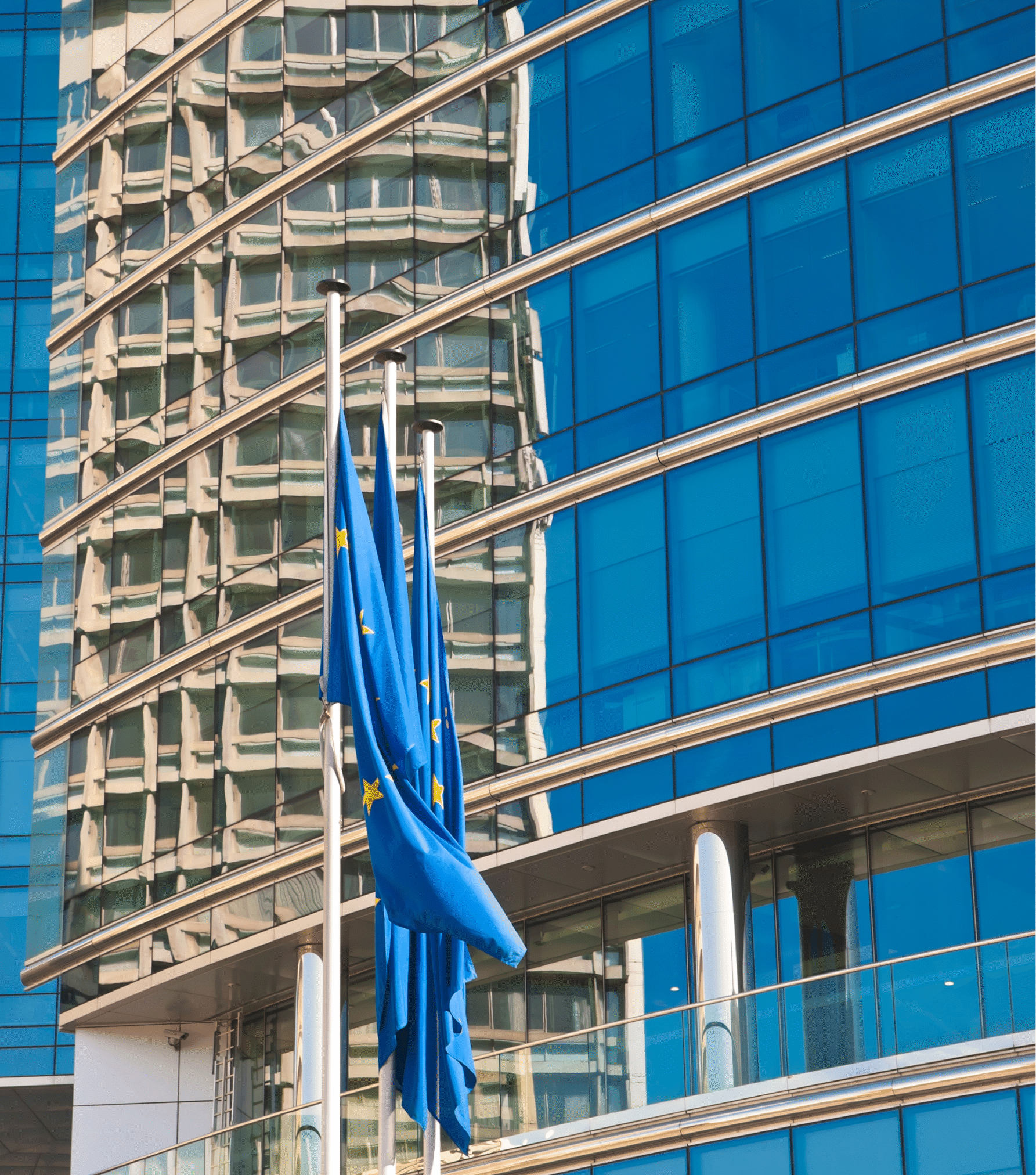 European Union flags displayed in front of a modern glass institutional building.